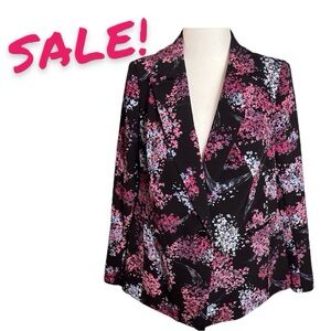 Lane Bryant Blazer Stretchy Black White Pink Floral 16 One button 173